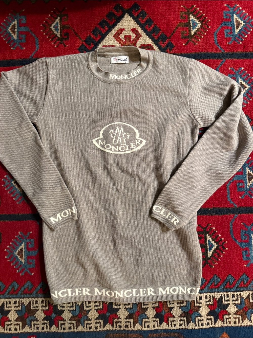 Moncler Men’s Taupe Crewneck Logo Knit Sweater SZ L
